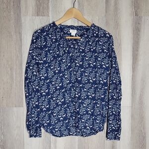 J Crew Womens 10 Woodland Blouse‎ Long Sleeve Button Cotton Deer Forest Casual